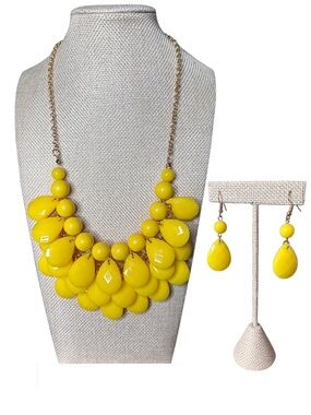 Bold Yellow Acrylic Teardrop Statement Necklace and Earrings- Women Jewelry